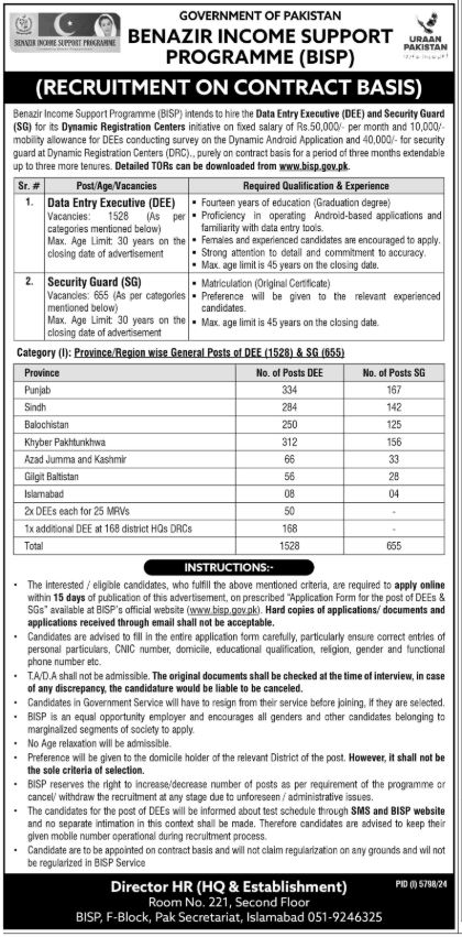 Benazir Income Support Programme (BISP) Jobs 2025 - Online Application Form